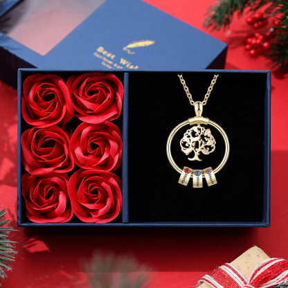 Personalized Family Necklace and Leather Bracelet Set with 3 Birthstones 3 Names Christmas Gift for Loved Ones