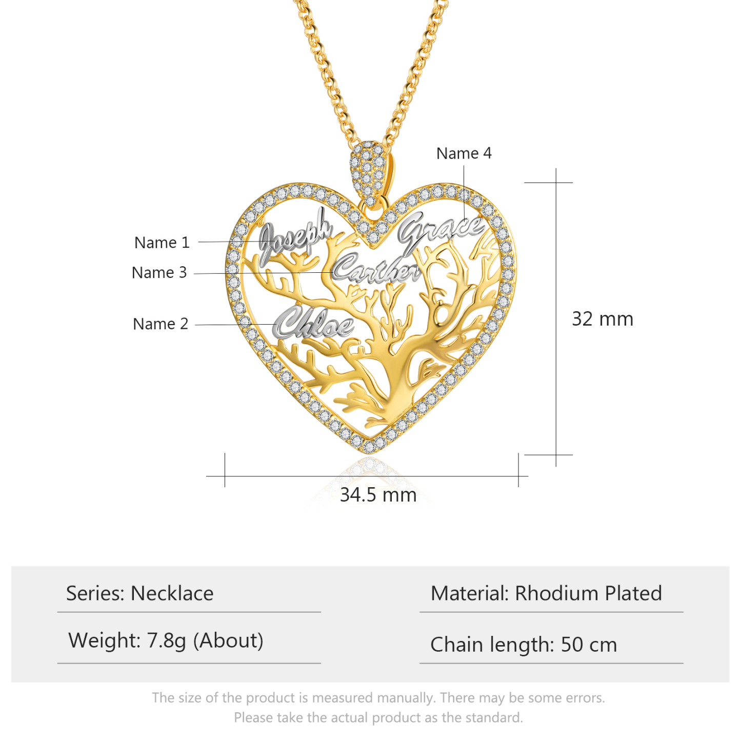 Perosnalized Family Tree Necklace, Custom 4 Names Heart Necklace Woman Gift For Her