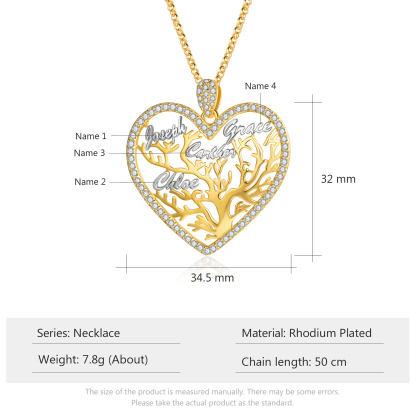 Perosnalized Family Tree Necklace, Custom 4 Names Heart Necklace Woman Gift For Her