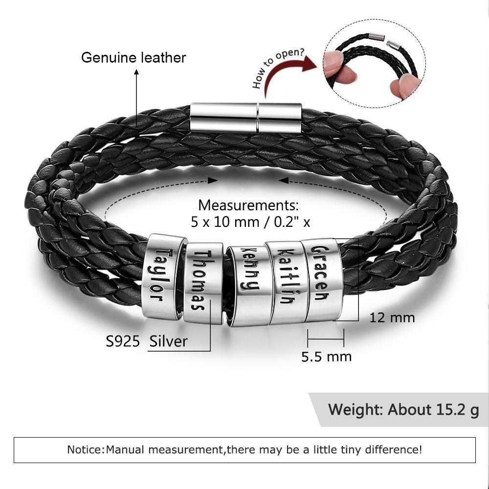 Personalized Mens Leather Braided Bracelet With 5 Sterling Silver Custom Beads Engarved 5 Family Names