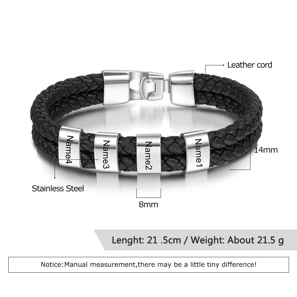 Men Leather Braided Bracelet with Beads Engraved 4 Names Father Gifts