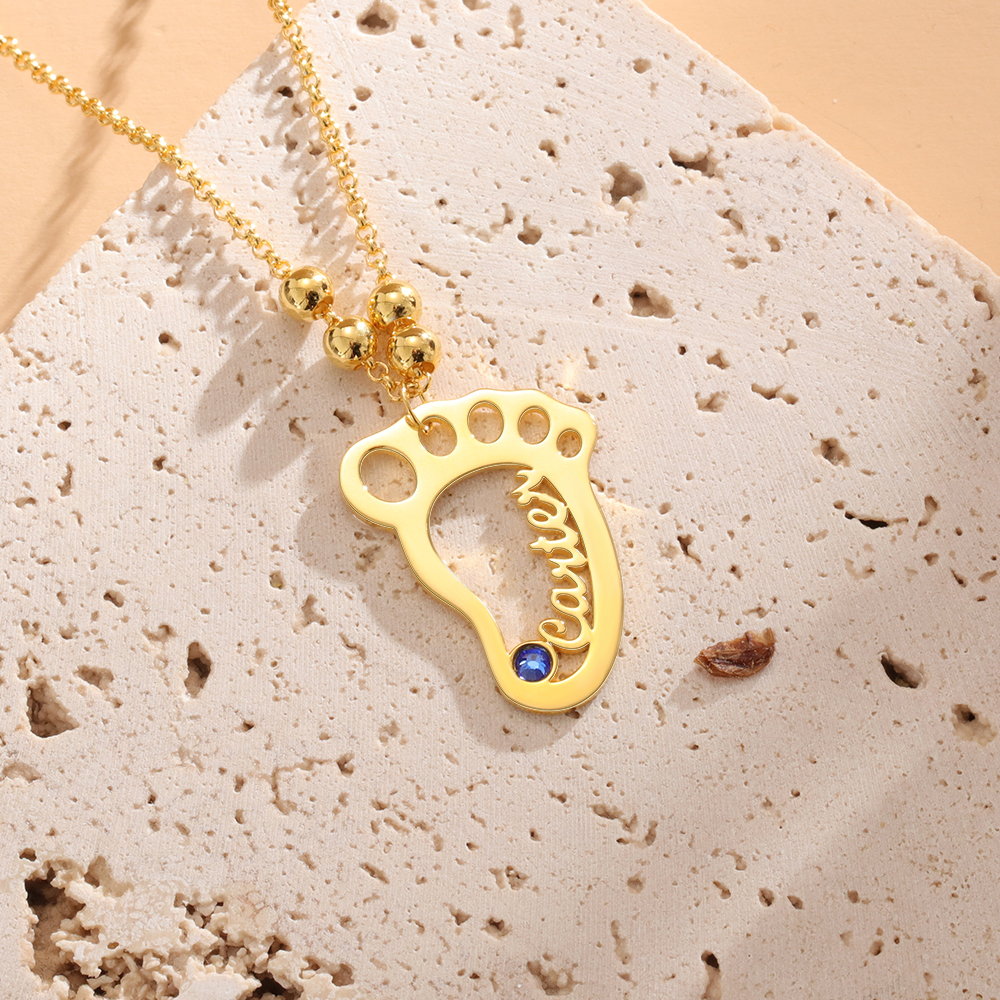 Baby Feet Name Necklace Hollow Feet Engraving 1 Name with Birthstone