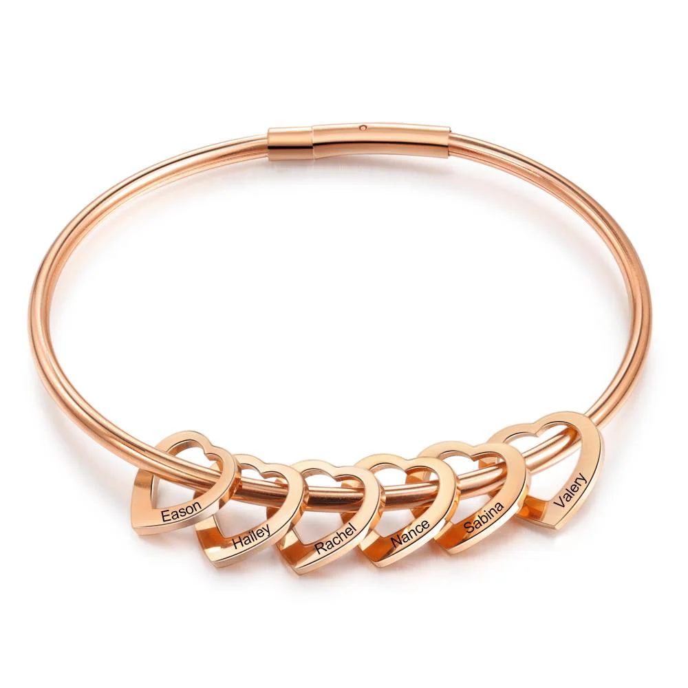 Bangle Bracelet Personalized with 6 Heart Shape Pendant Engraved 6 Names