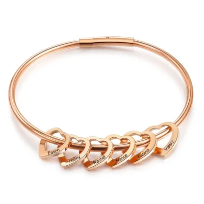 Bangle Bracelet Personalized with 6 Heart Shape Pendant Engraved 6 Names