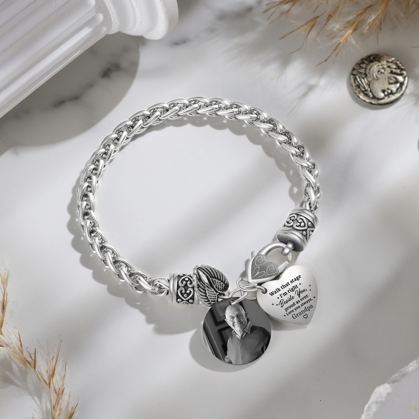 Personalized Memorial Grandpa Bracelet Custom Photo Engraved Gift for Loved One | Lorajewel