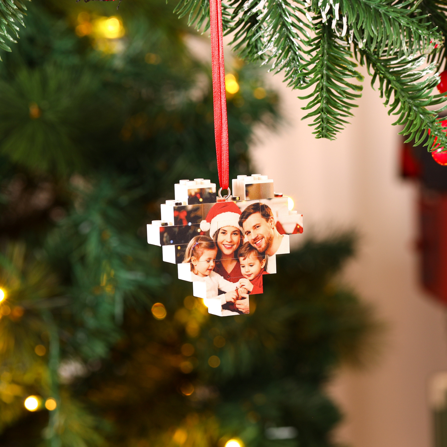 Personalized Photo Heart Christmas Blocks Bauble Ornament