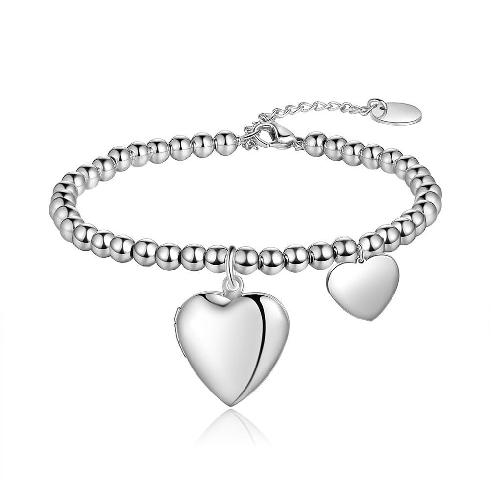 Beaded Chain Bracelet With Heart Photo Locket Personalized With Engraving Charm