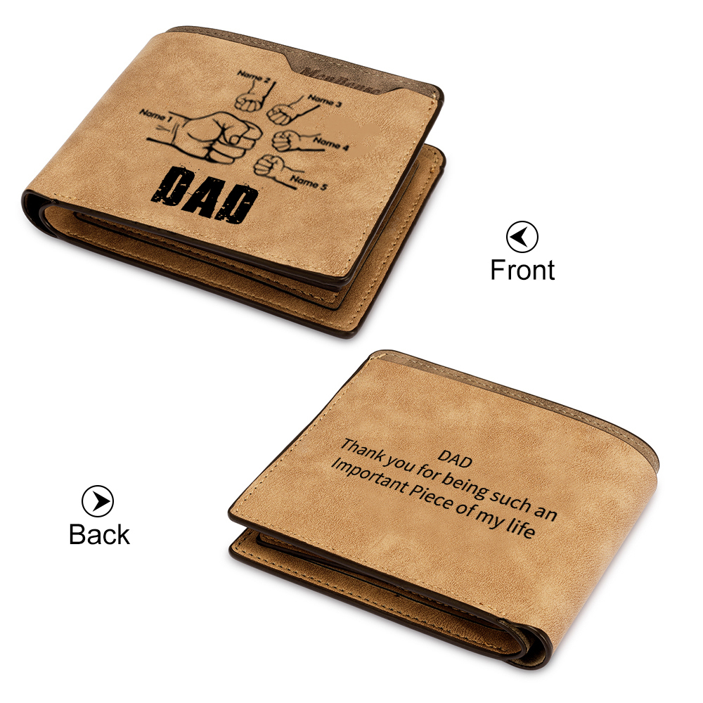 5 Names - Personalized Men Leather Wallet Custom Photo & Text & Name Folding Wallet Fist Bump Wallet Gift for Dad