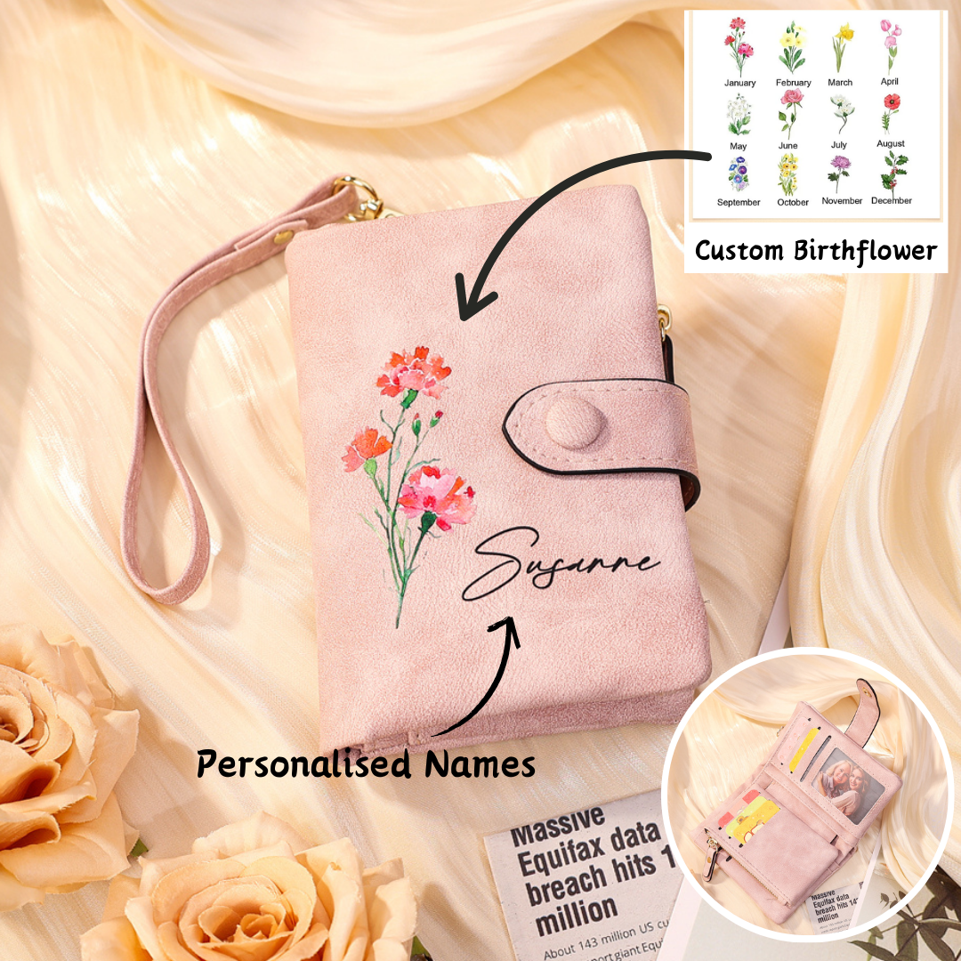 Personalized Women's Leather Wallet Custom 1 Birth Flower & 1 Name Wallet Gift for Her