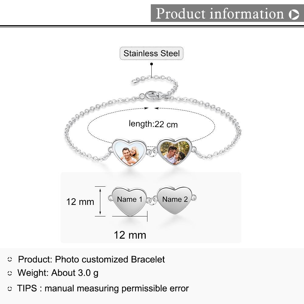 Personalized Photo Bracelet With Two Heart Pendant Engraved 2 Names