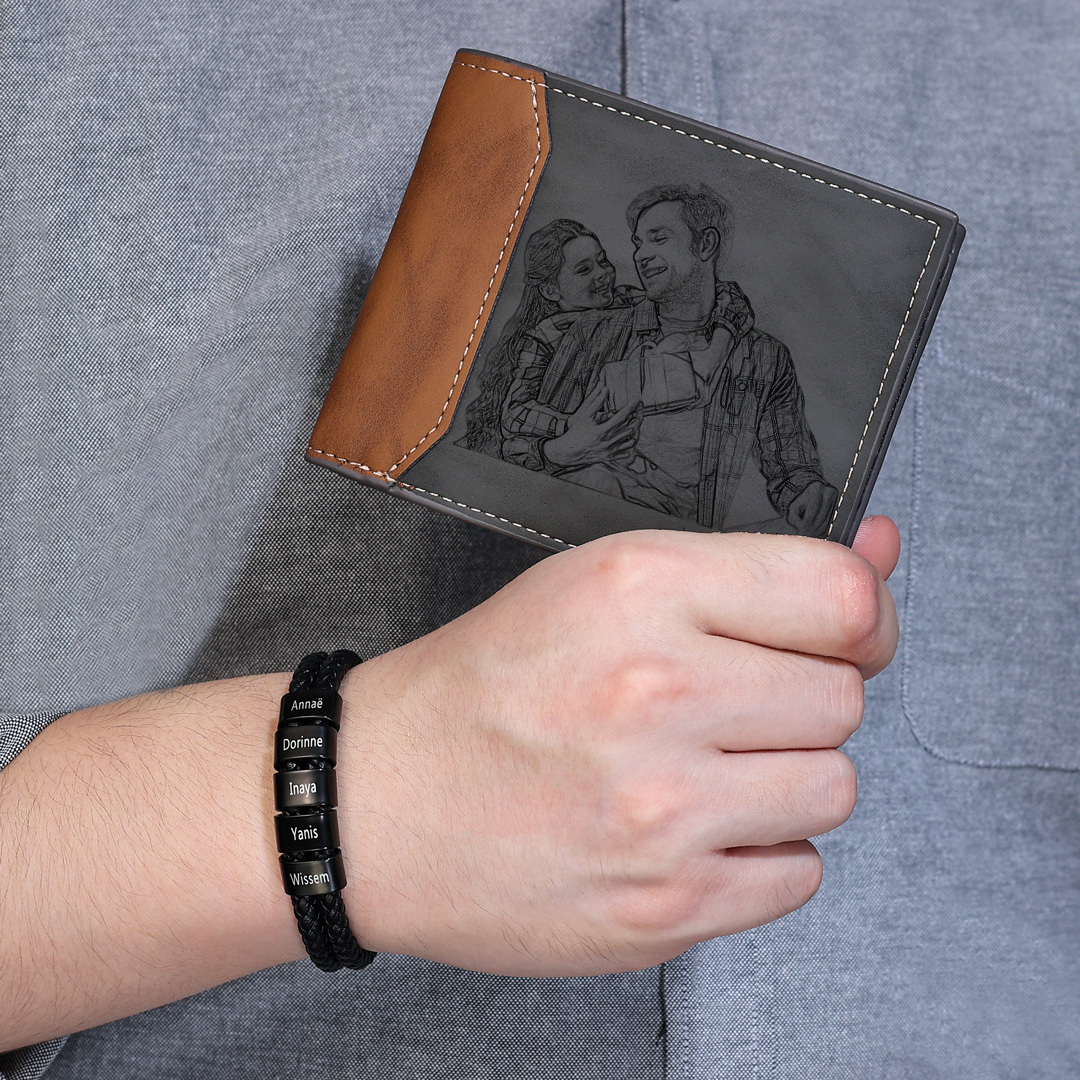 Personalized 1 Photo & 1 Letter & 6 Names Gift Set Custom Wallet & Bracelet Gift Box Set Christmas Gifts