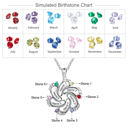 S925 Baby Feet Pendant Necklace with 1-4 Birthstones Engraved Names Gift for Mother
