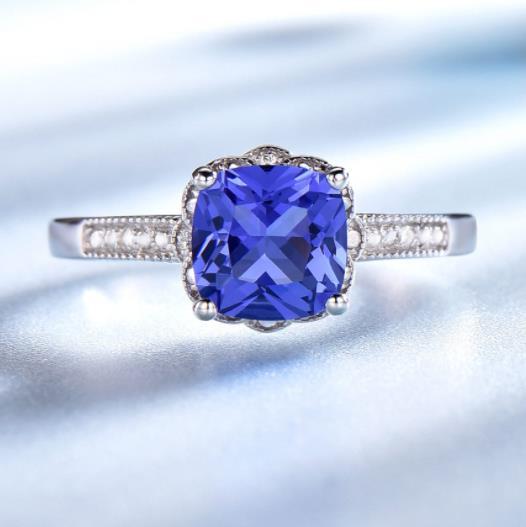 Square Cut Tanzanite Ring with Diamond In Sterling Silver