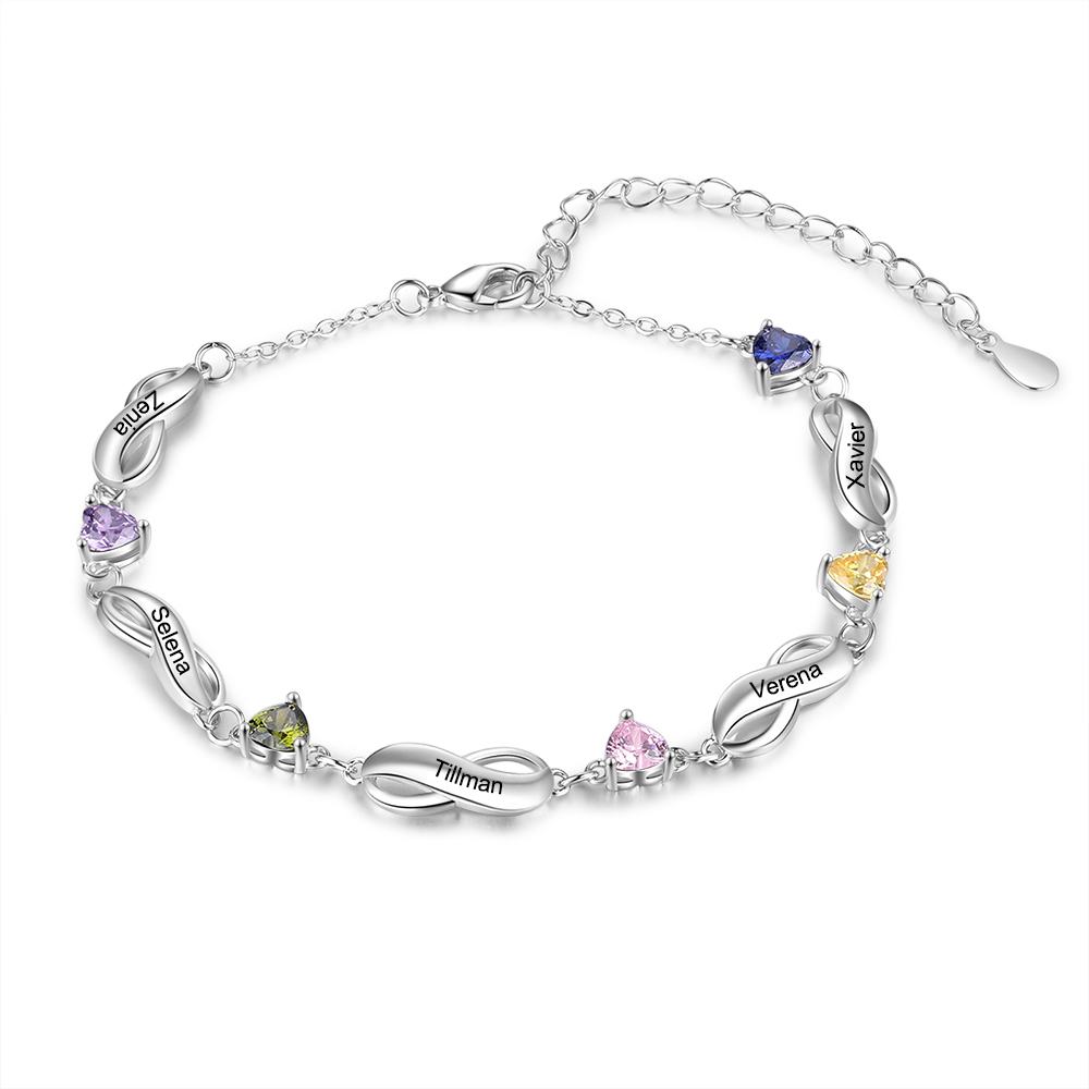Infinity Bracelet with 5 Heart Shape Birthstones Family Bracelet for Mom