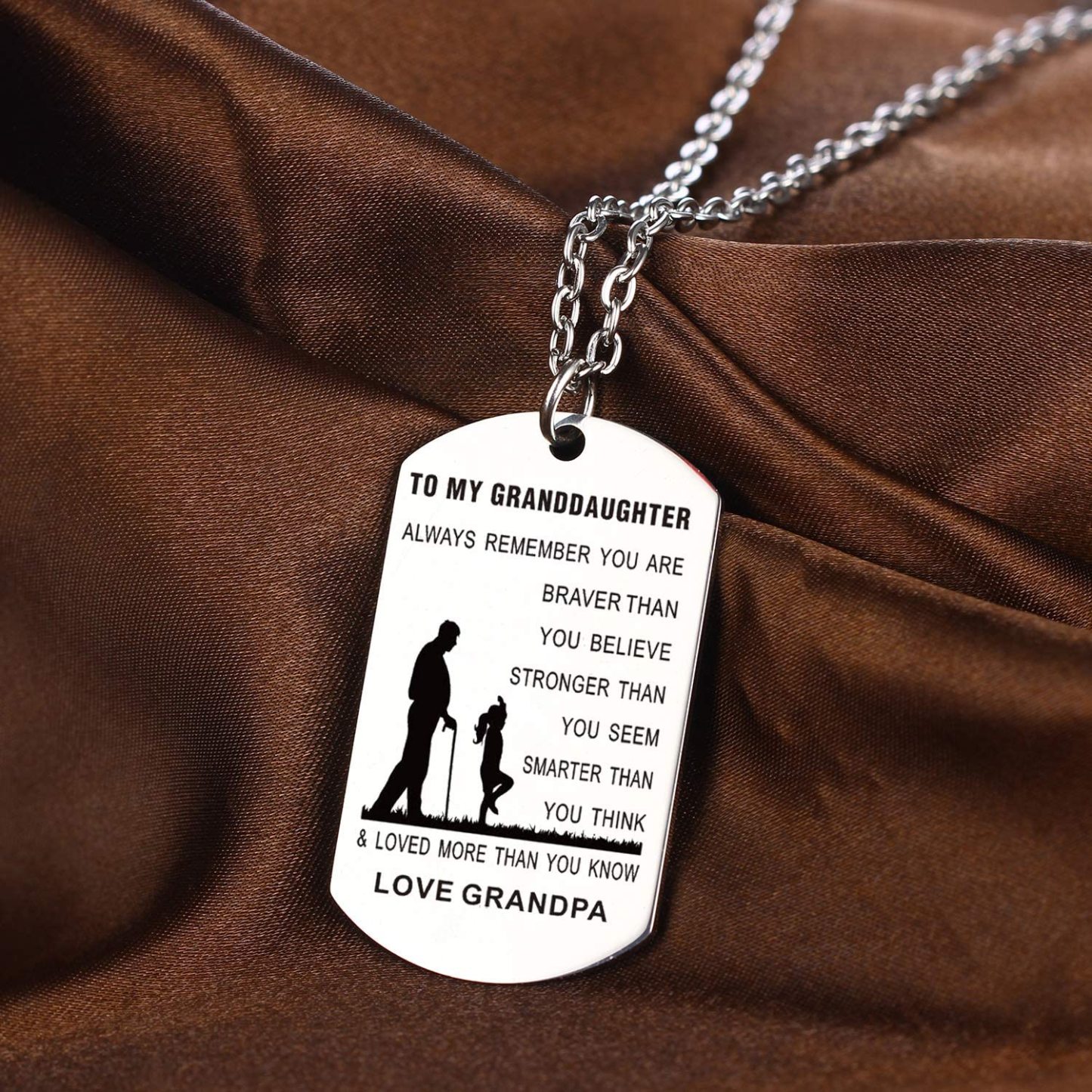 To My Grandson & Granddaughter Dog Tag Necklace Inspirational Gift "You Are Braver Than You Believe"