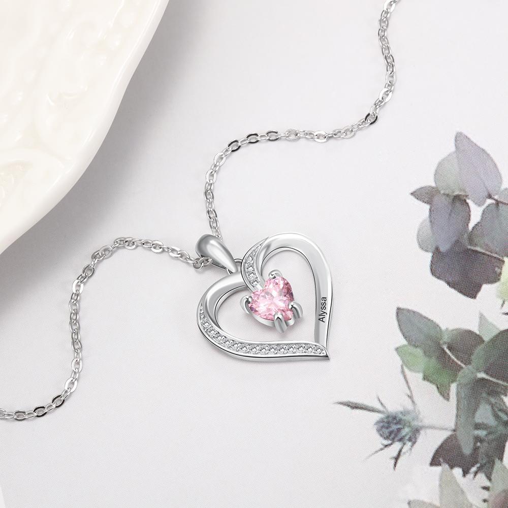 Custom Heart Necklace with Name & Birthstone 