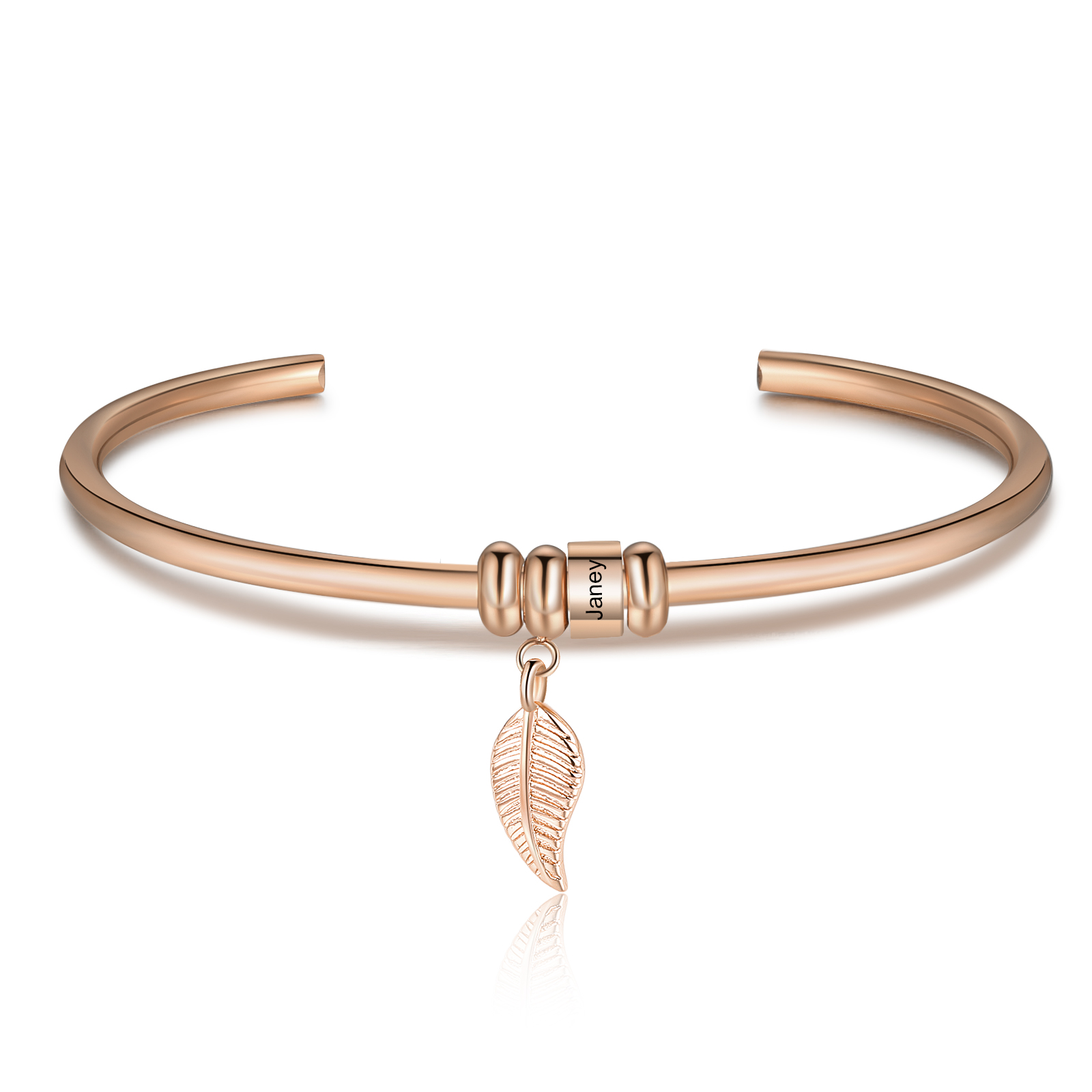Women Bangle Bracelet with Leaf and Bead Engraved 1 Name Gifts for Mother
