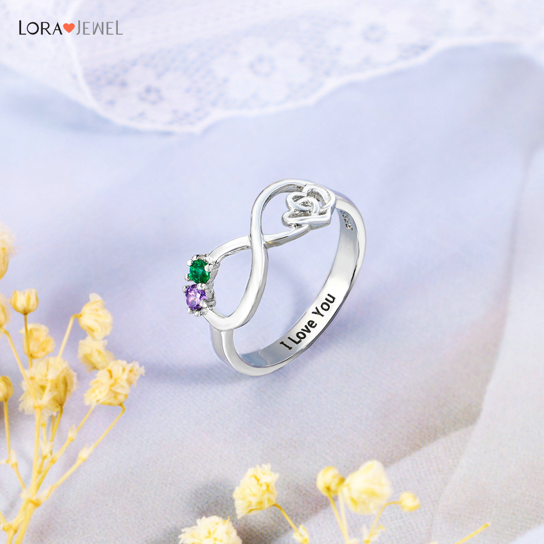 S925 Infinity Ring Double Heart Promise Ring Personalized with 2 Birthstones Engraved Sterling Silver Ring