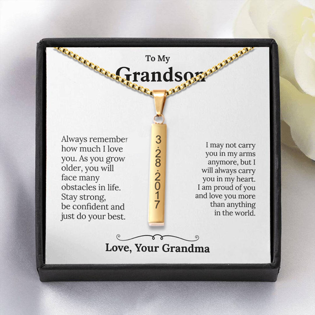To My Grandson Vertical Bar Necklace Personalized 4 Side 3D Bar Necklace for Grandson