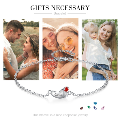 Baby Feet Pendant Bracelet with 1 Birthstone Engraved 1 Name