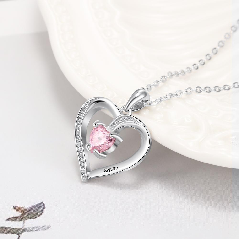Custom Heart Necklace with Name & Birthstone 