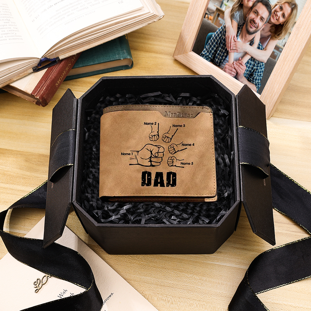 5 Names - Personalized Men Leather Wallet Custom Photo & Text & Name Folding Wallet Fist Bump Wallet Gift for Dad