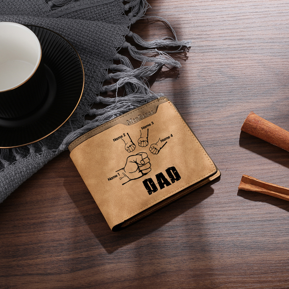 4 Names - Personalized Men Leather Wallet Custom Photo & Text & Name Folding Wallet Fist Bump Wallet Gift for Dad