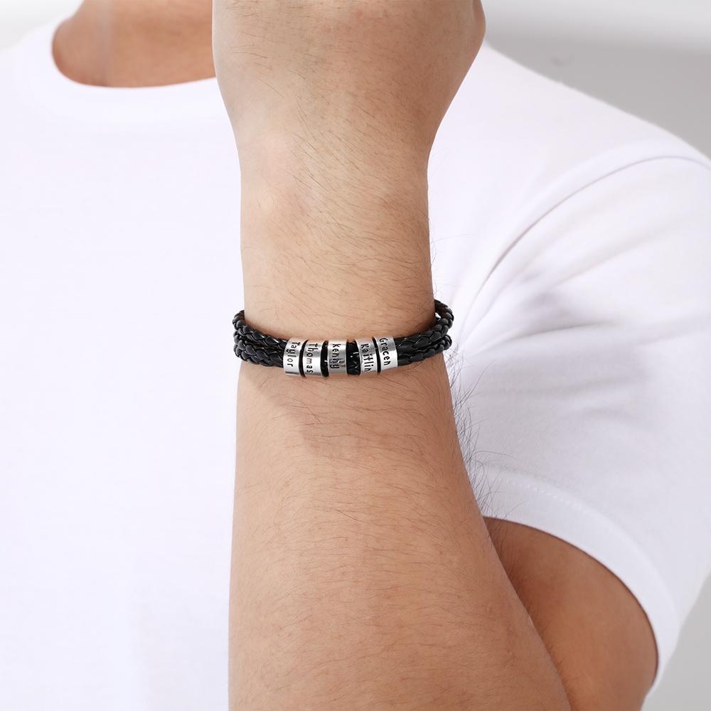 Personalized Mens Leather Braided Bracelet With 5 Sterling Silver Custom Beads Engarved 5 Family Names