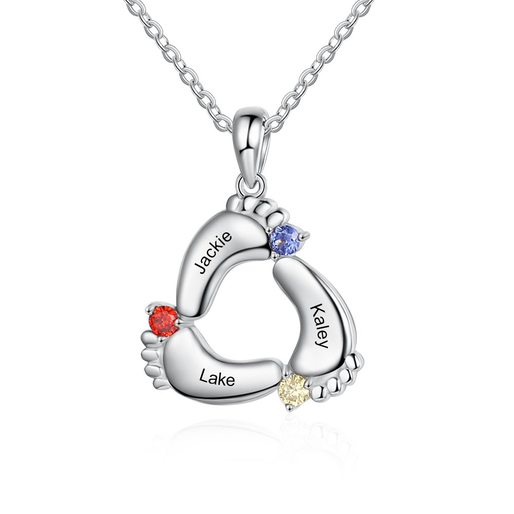 S925 Baby Feet Pendant Necklace with 1-4 Birthstones Engraved Names Gift for Mother