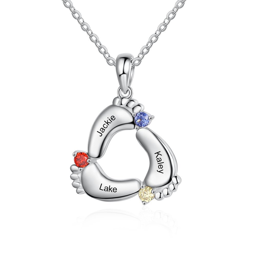 S925 Baby Feet Pendant Necklace with 1-4 Birthstones Engraved Names Gift for Mother