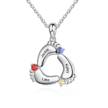 S925 Baby Feet Pendant Necklace with 1-4 Birthstones Engraved Names Gift for Mother