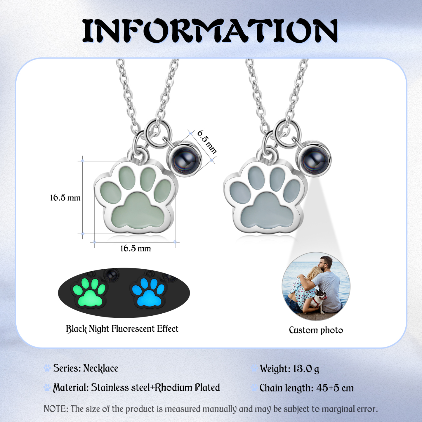 Personalized Dog Paw Pendant Couple Necklace Set Custom Photo Projection Necklace Romantic Gifts For Him/Her