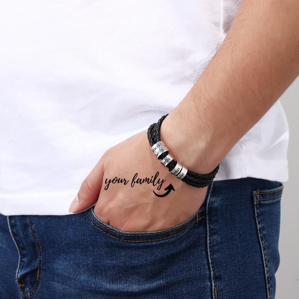 Personalized Mens Leather Braided Bracelet With 5 Sterling Silver Custom Beads Engarved 5 Family Names