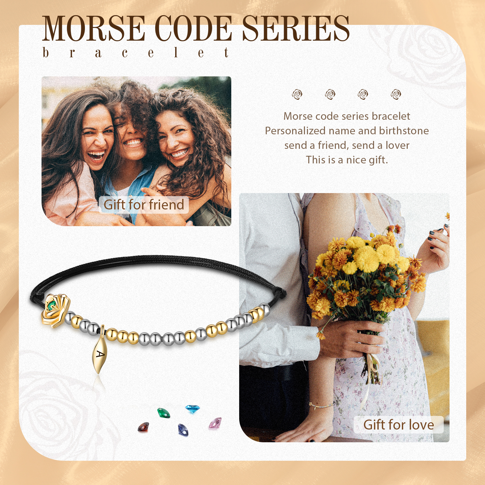 Love You Morse Code Bracelet Custom Initial Birthstone Rose Bracelet for Her
