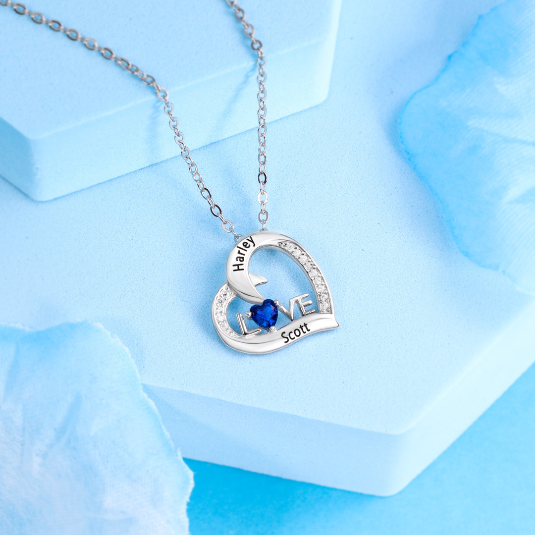 S925 LOVE Heart Necklace For Women Personalized Necklace with Heart Birthstone Engraved Names