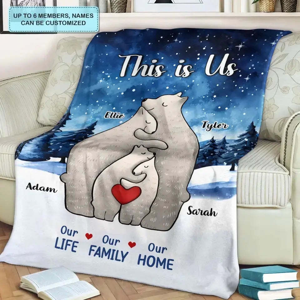 Personalized Polar Bear Family Flannel Blanket Custom 4 Names Gift For Mom Dad & Kids