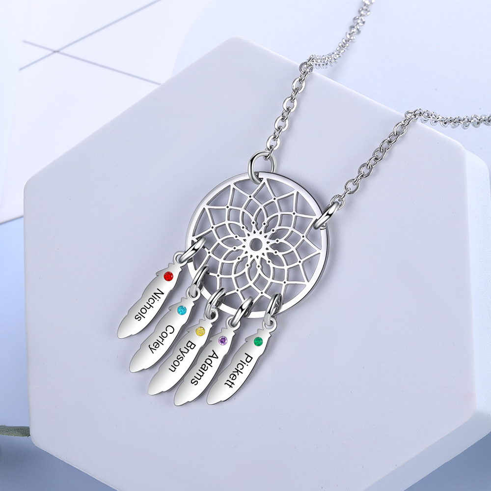 Personalized Dream Catcher Necklace with 5 Birthstones for Women