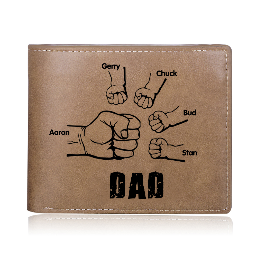 Personalized 5 Names Men Leather Wallet Handcrafted in the USA-Custom Photo & Name Folding Wallet Fist Bump Wallet Gift for Dad