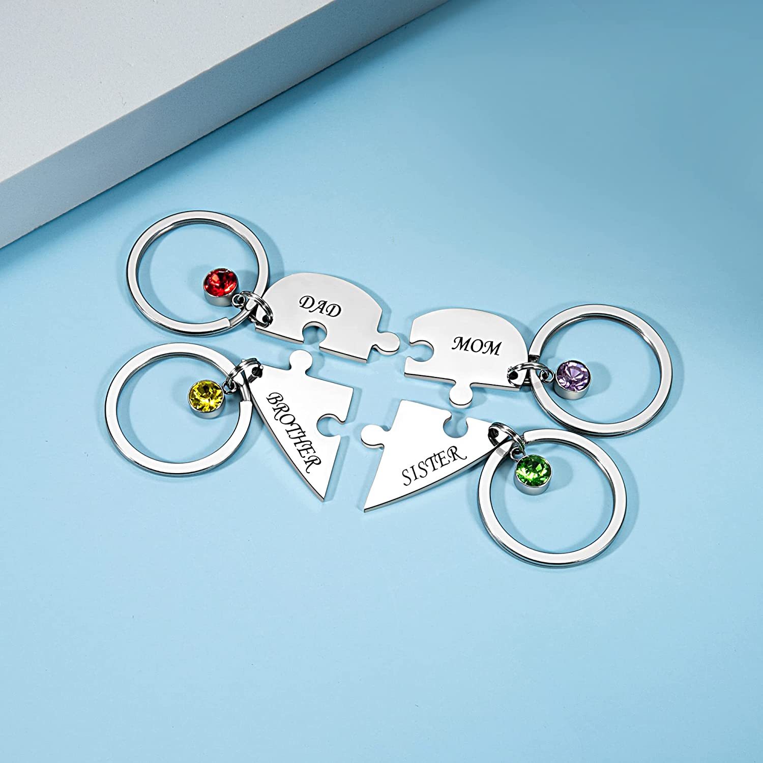 Personalized 4 Names Heart Puzzle Keychain with Birthstones Gifts for Family