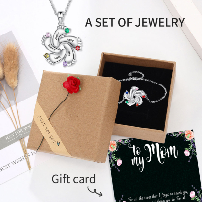 Baby Feet Necklace with 5 Birthstones Engraved 5 Names Family Necklace