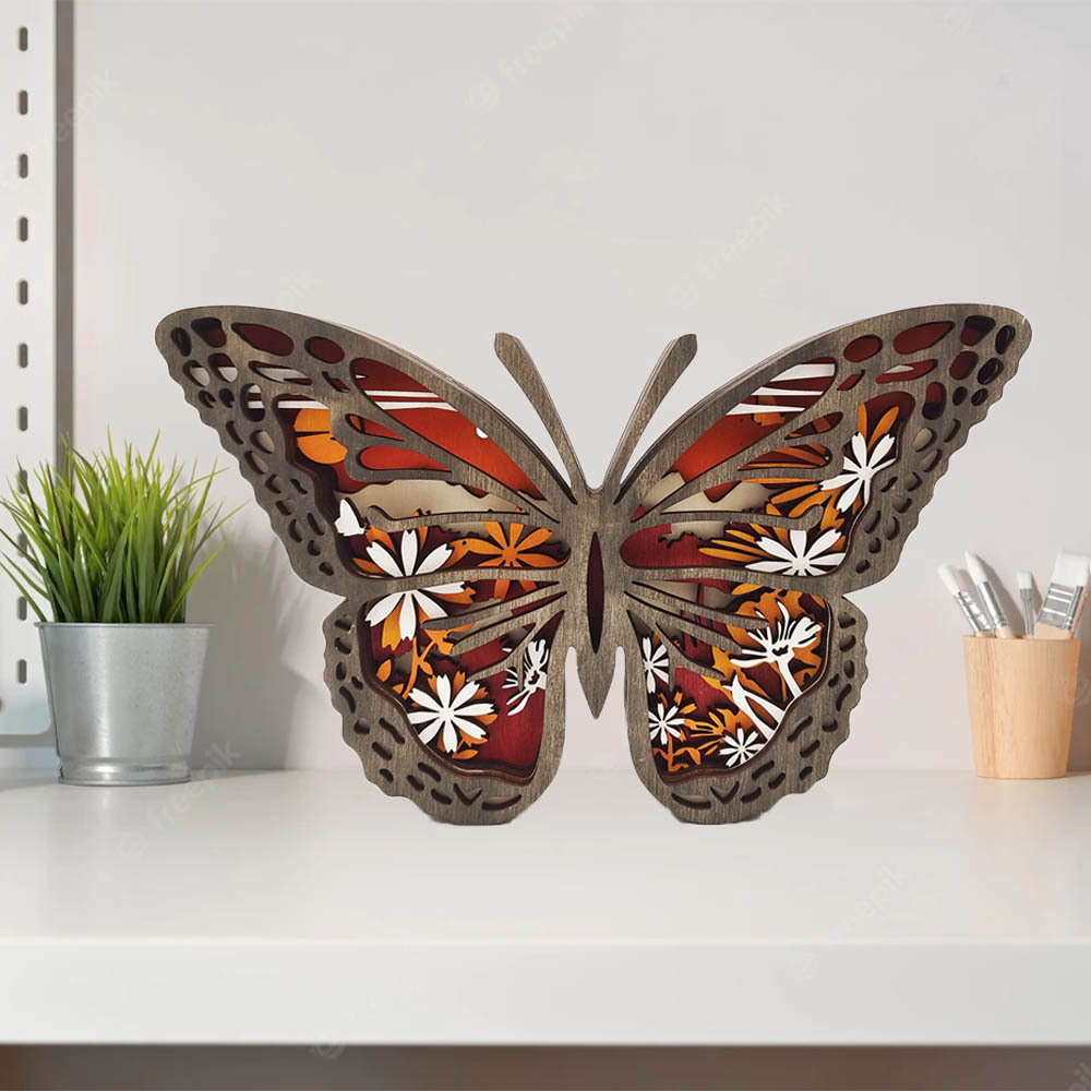 Butterfly Totem Wooden Home Decoration 3D Carving Flower Insect Night Light