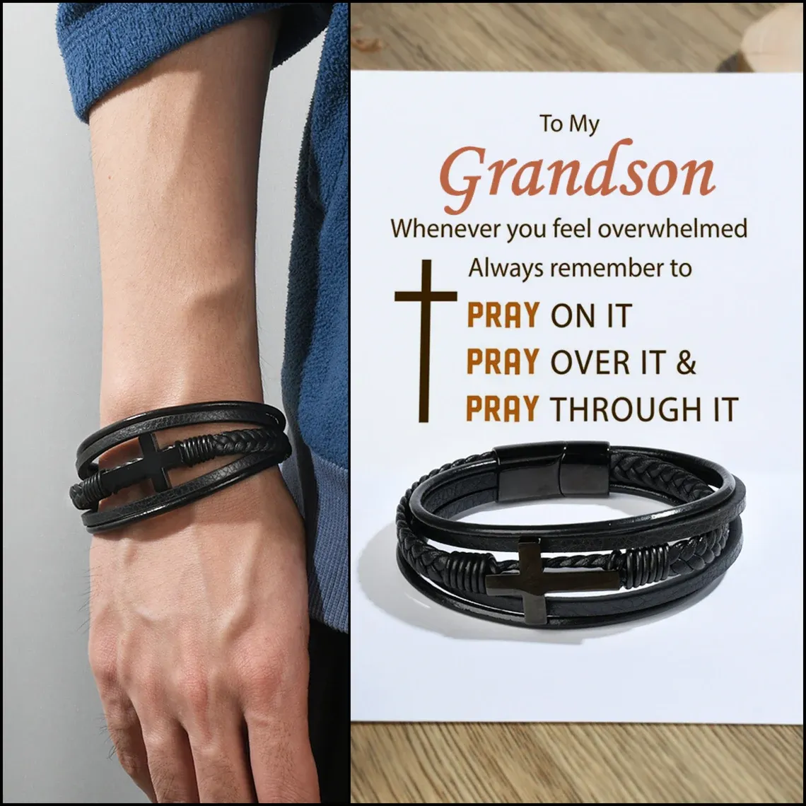 To My Grandson Cross Braided Leather Bracelet "Pray Through It"