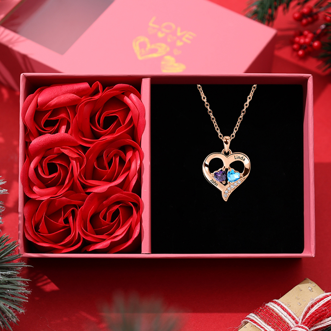Sterling Silver Heart Necklace Love Necklace Personalized with 2 Birthstones 2 Names Valentine's Day Gift 