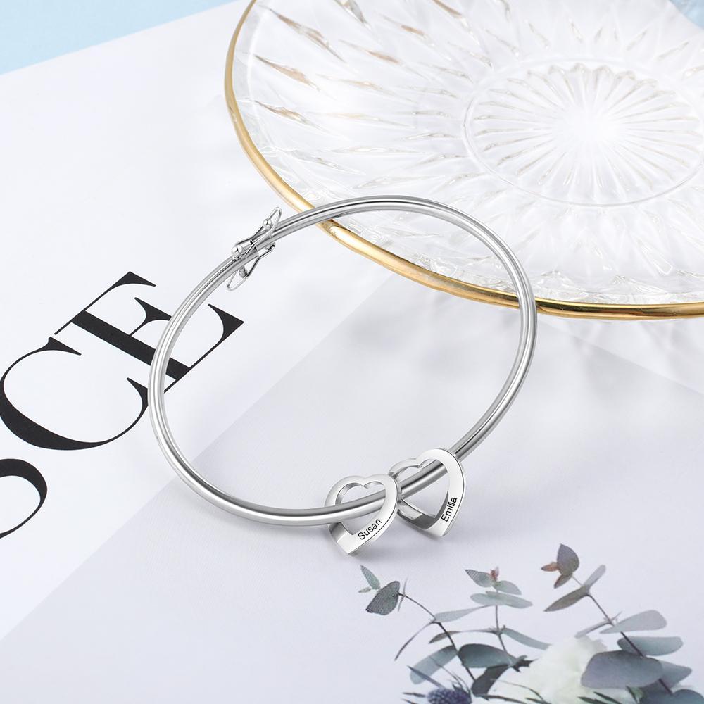 Personalized 2 Names Bracelet Heart Charms Bracelet Love Bangle Gifts for Her