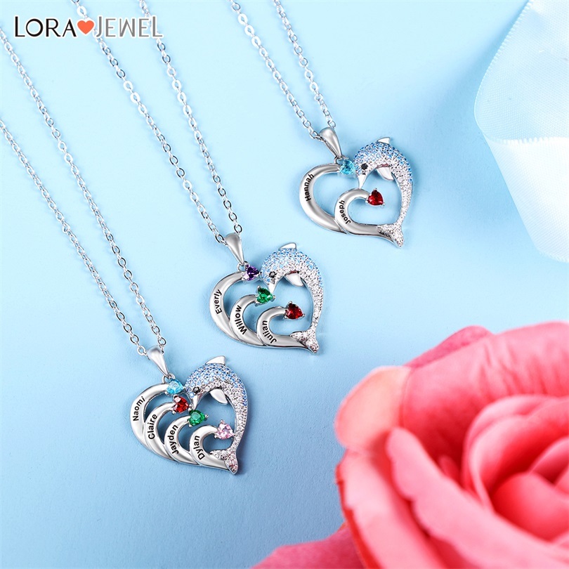 Personalized Heart Dolphin Necklace Custom 2 Birthstones Necklace for Her