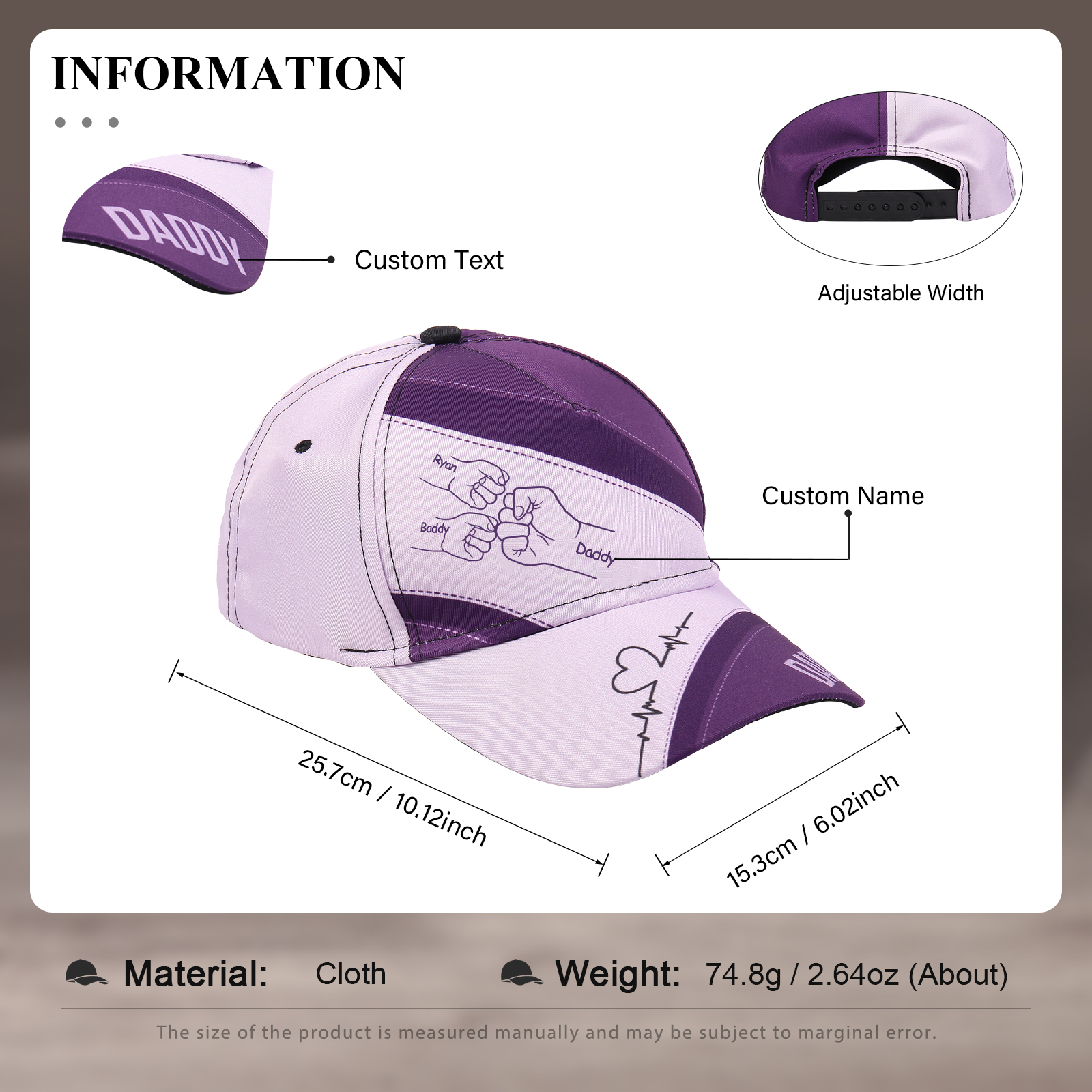 Personalized Fist Bump Classical Baseball Cap Custom 3 Names & 1 Text Snapback Adjustable Gift for Dad/Grandpa/Husband