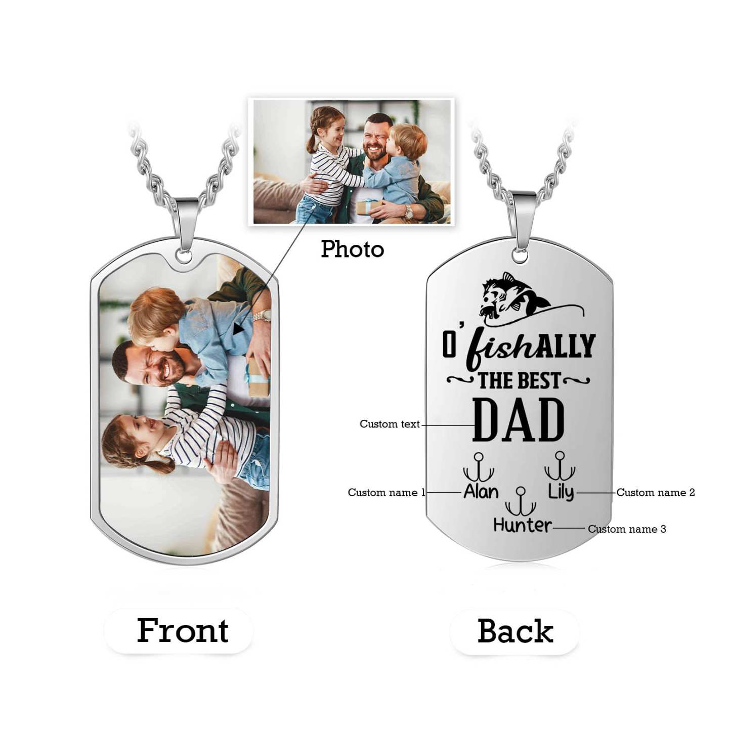 O'Fishally The Best Dad Necklace Custom Photo Dog Tag Necklace with 3 Fishing Hooks