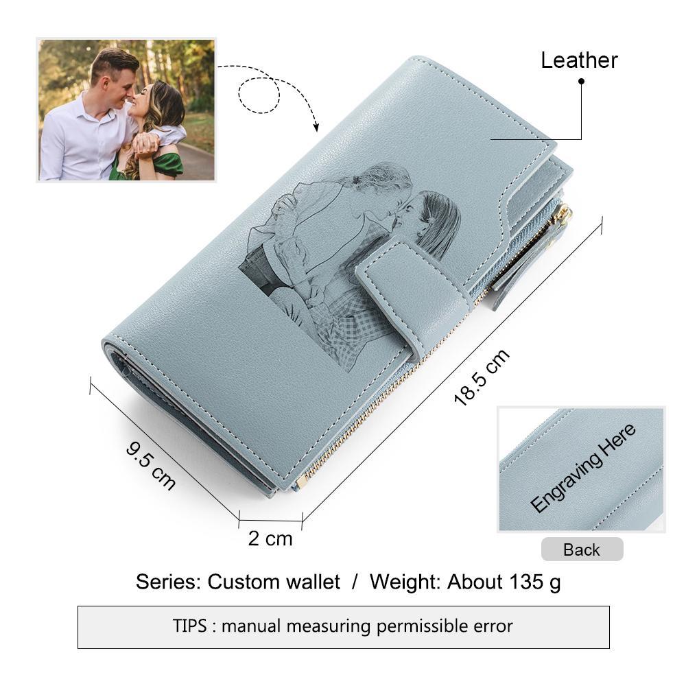 Women Long Style Photo Wallets Custom Inscription Photo Engraved Wallet Blue Grey