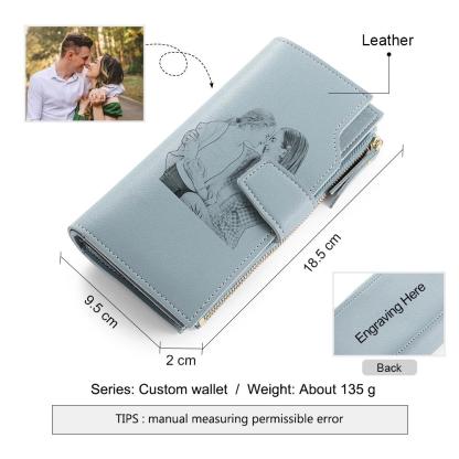 Women Long Style Photo Wallets Custom Inscription Photo Engraved Wallet Blue Grey