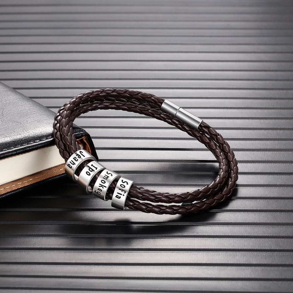 Personalised Braided Leather Bracelet with 2–5 Engraved Name Beads For Him Best Gift For Dad